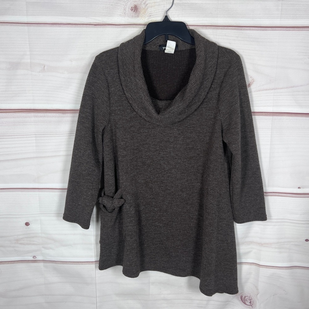 Yushi Tunic Top Women Small Brown Cowl Neck Asymmetrical Side Knot Textured
